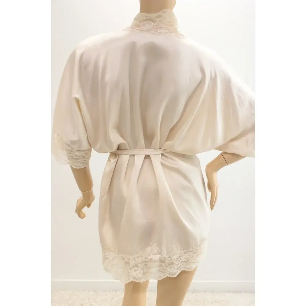 Lace-Trim Short Robe in Cream - Lightweight Tie-Waist Kimono